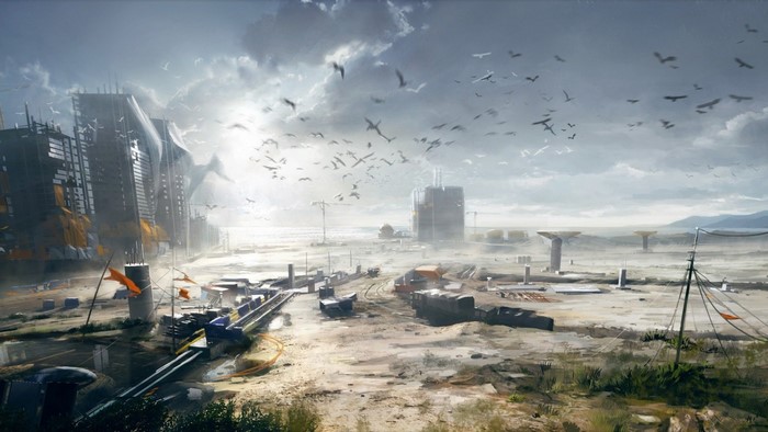 Artwork of a construction site with birds flying