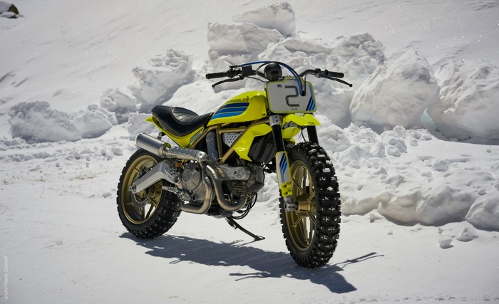 Custom Ducati Scrambler Artika motorcycle in snow