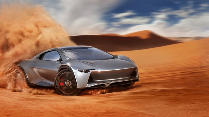 Silver supercar drifting in a desert