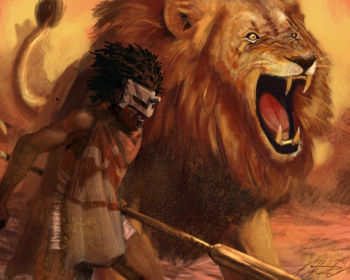 Man in mask fights a roaring lion