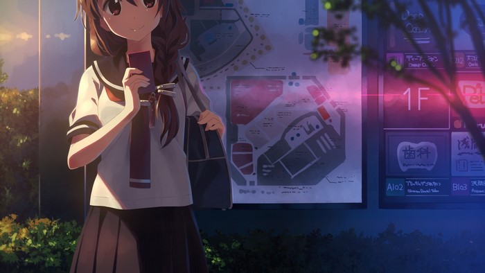 Anime girl in school uniform holding a cellphone