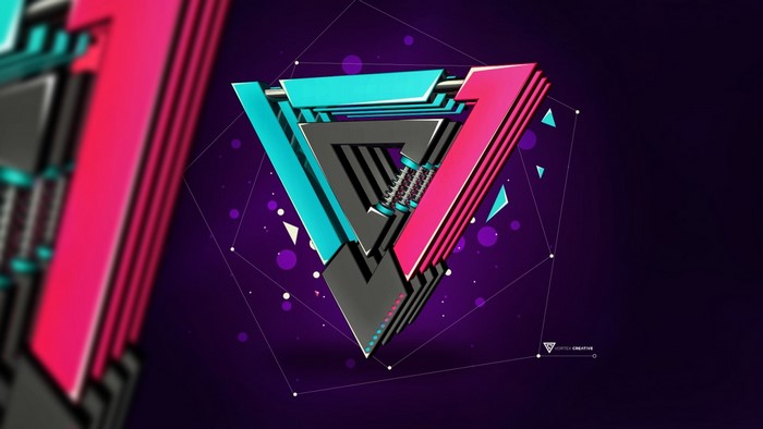 Abstract geometric triangle with neon colors and vortex effect