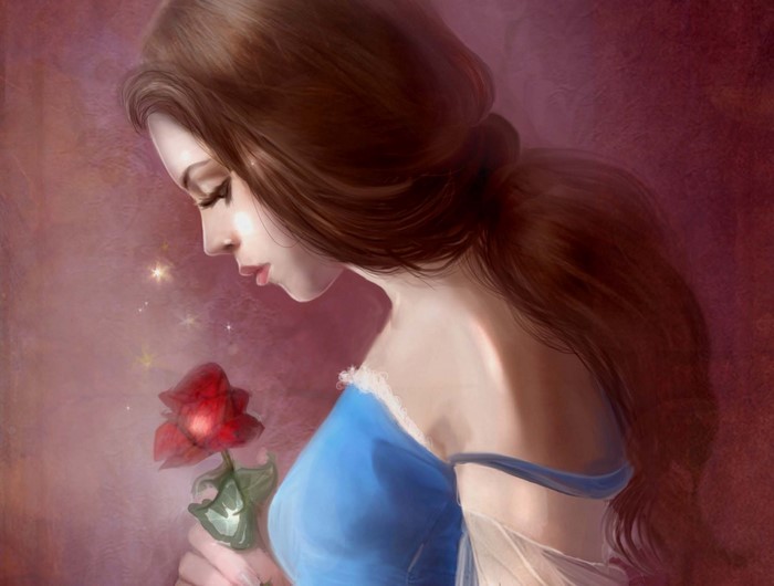Woman in blue dress holding a red rose