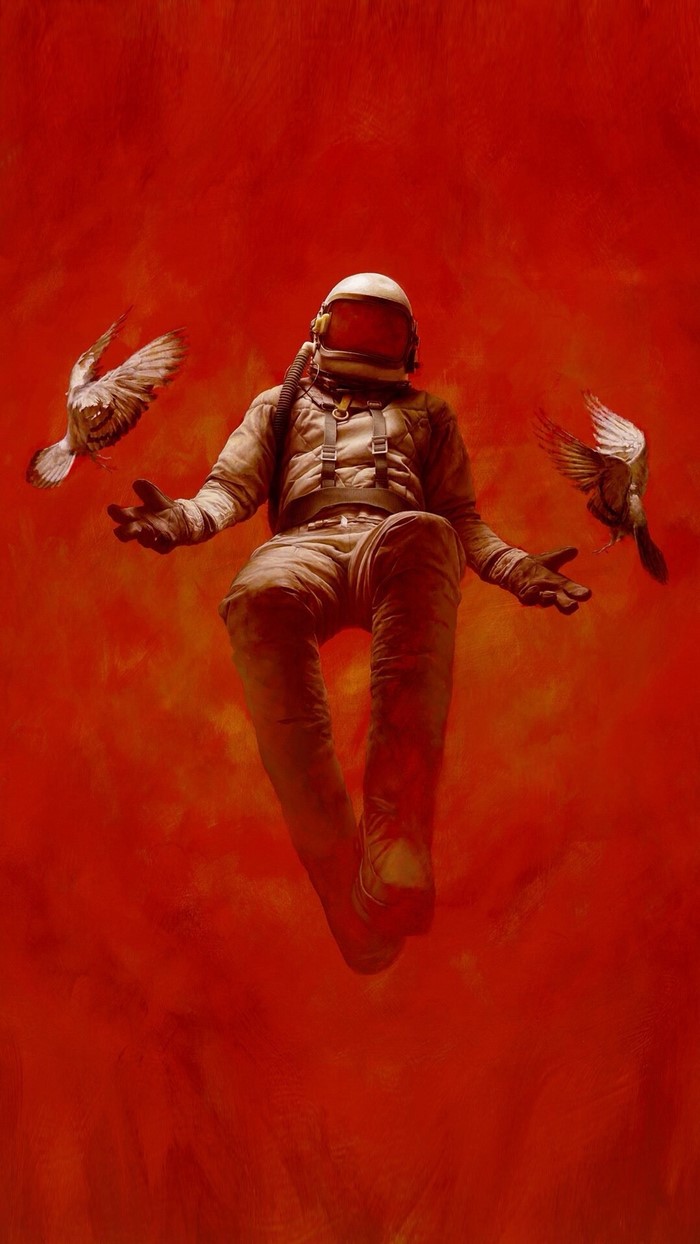 Astronaut floating with birds against red background