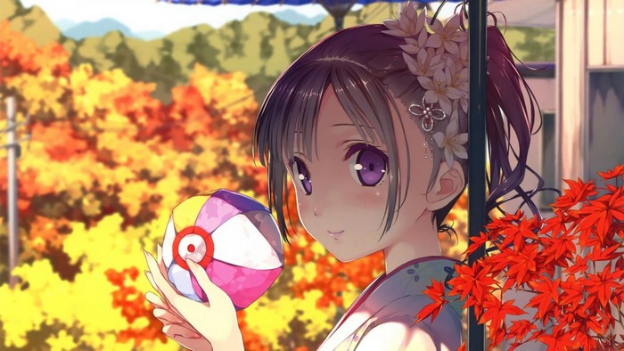 Anime girl in kimono holding a ball with flowers in her hair
