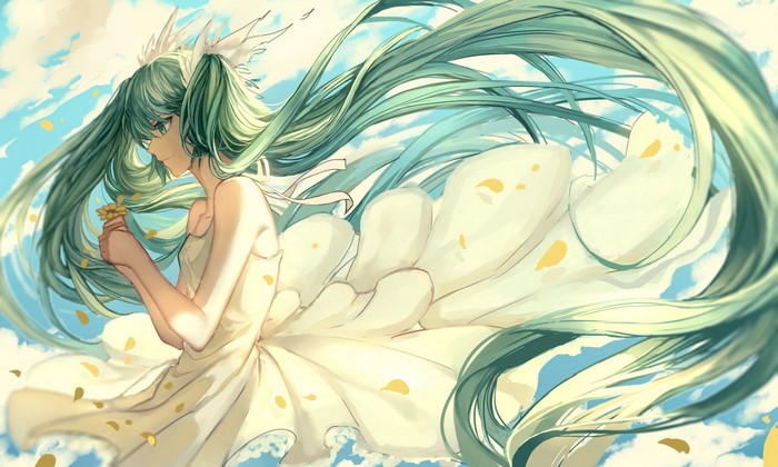 Hatsune Miku from Vocaloid with flower and wind