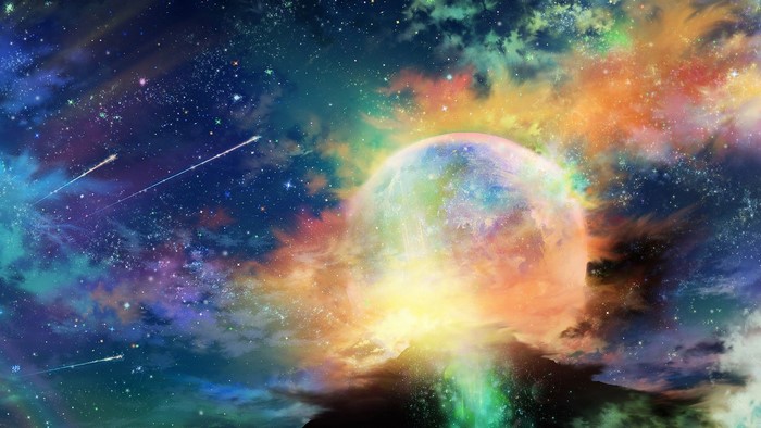 Colorful planet and nebulae in outer space with shooting stars