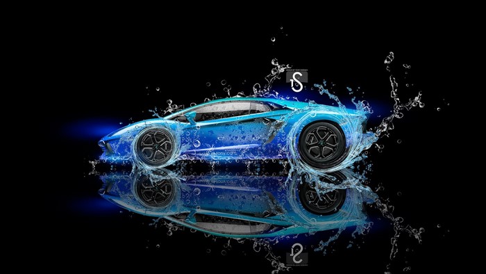 Blue Lamborghini Aventador with water splashes