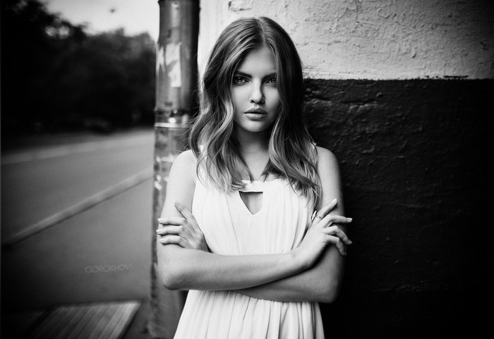 Monochrome portrait of a woman with brown hair