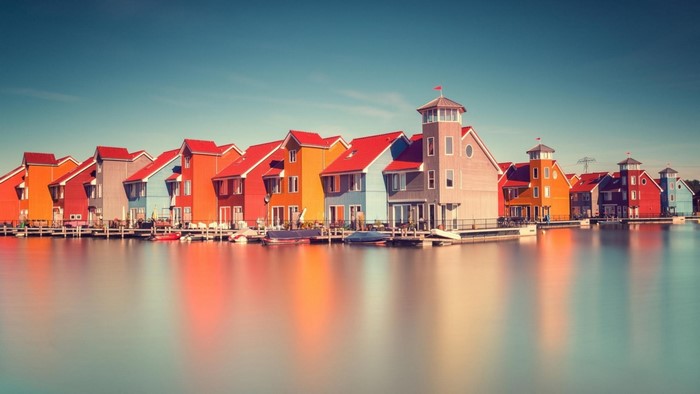 Colorful houses on a canal in the Netherlands