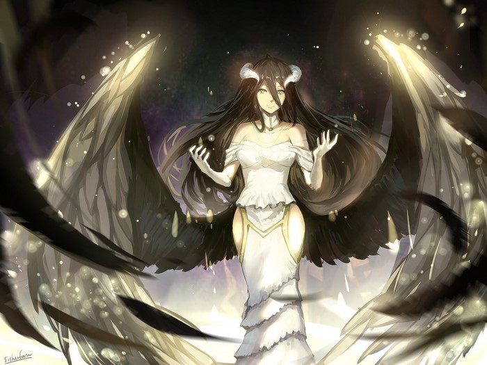 Albedo from Overlord with black wings and horns