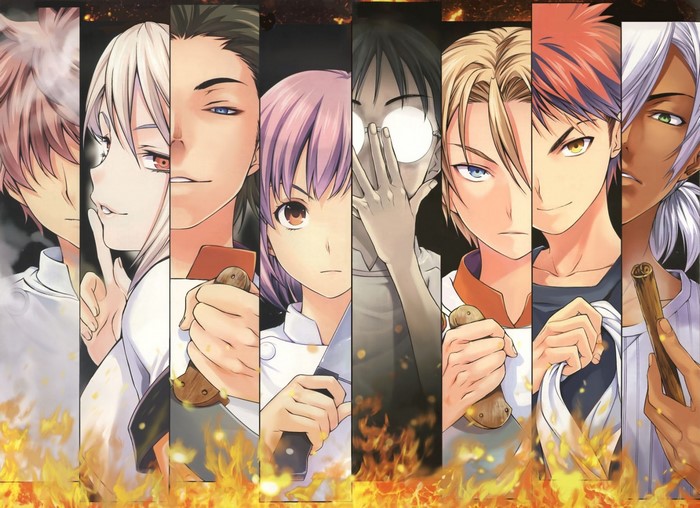 Shokugeki no Souma characters with cooking knives and fire