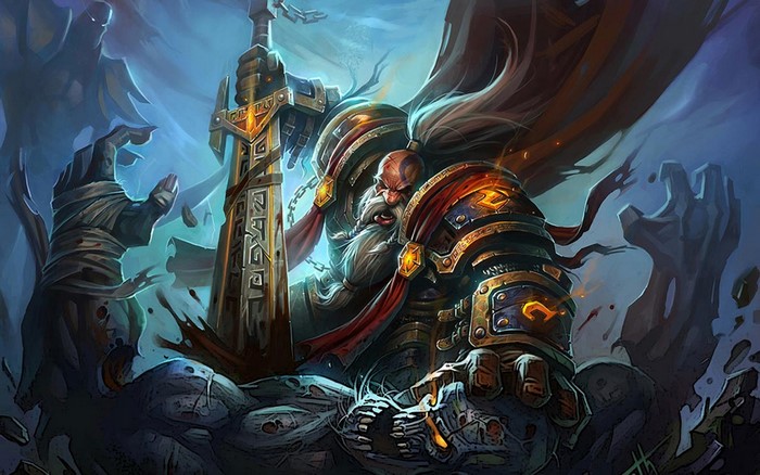 Dwarf warrior from Warcraft holding a large sword