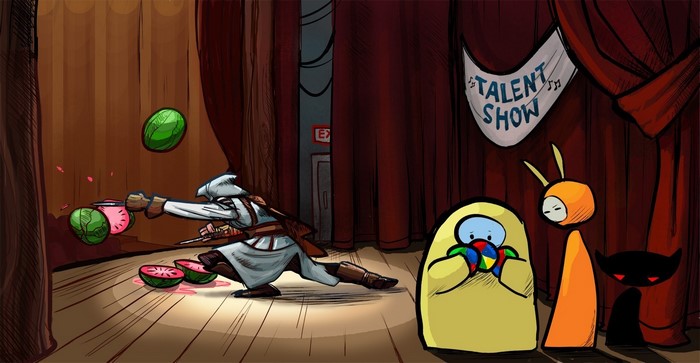 Assassin's Creed character performing a talent show