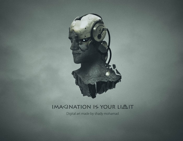 Digital art of a broken cyborg head with headphones