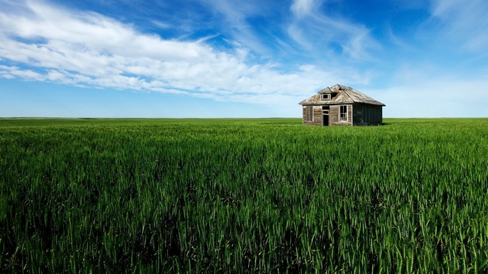 Abandoned house in a green field under a blue sky