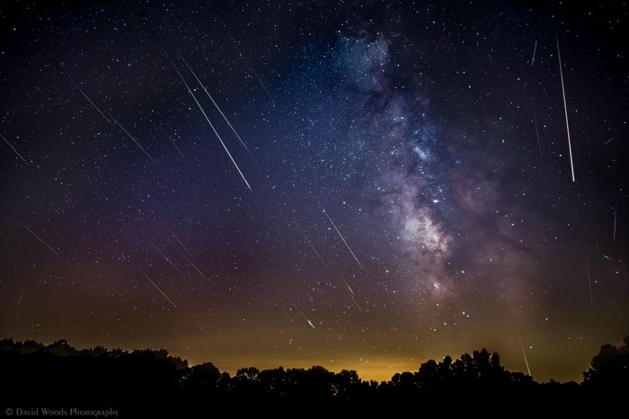 Milky Way galaxy with meteor shower over trees