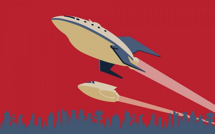 Two retro spaceships flying over a city skyline