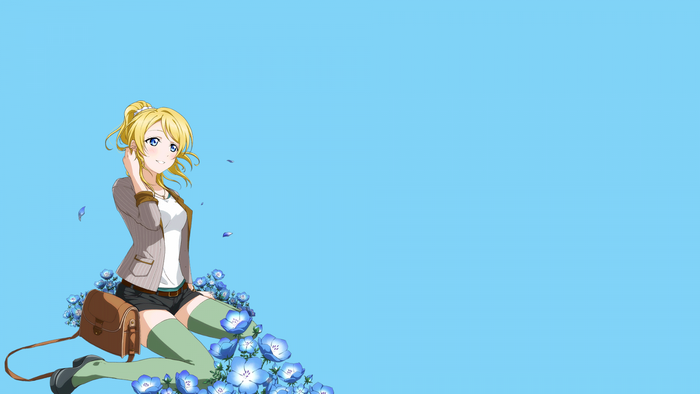 Ayase Eri from Love Live sitting among blue flowers