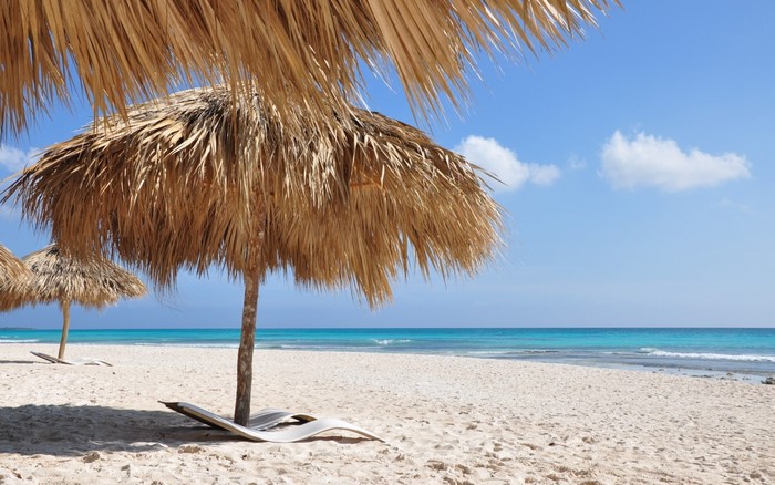 Tropical beach with palm umbrellas and lounge chair