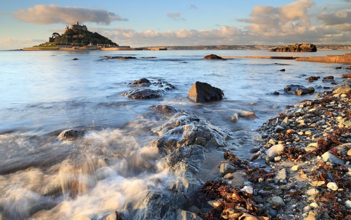 St Michael's Mount castle on a tidal island at sunrise