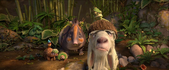 Characters from Robinson Crusoe on a forest floor