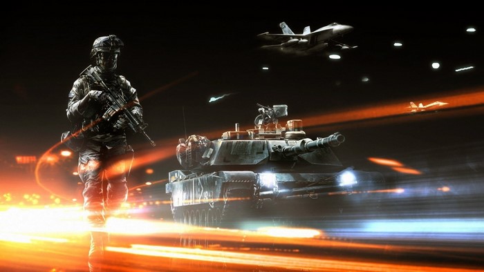 Soldier and tank in Battlefield 3 with jets overhead