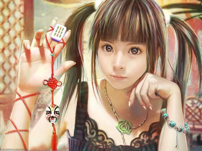 Anime girl with twintails holding mahjong tile charm