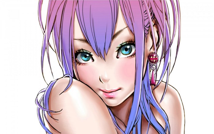Anime girl with purple hair and blue eyes
