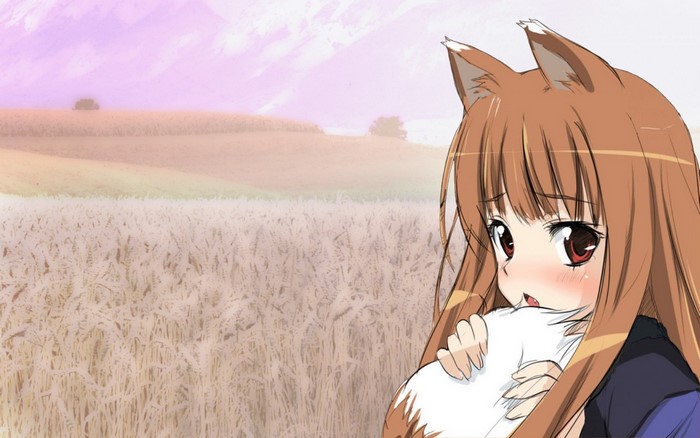 Holo from Spice and Wolf in a wheat field