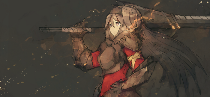 Anime girl in armor holding a large sword