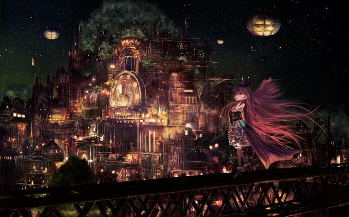 Steampunk cityscape at night with a girl on a bridge