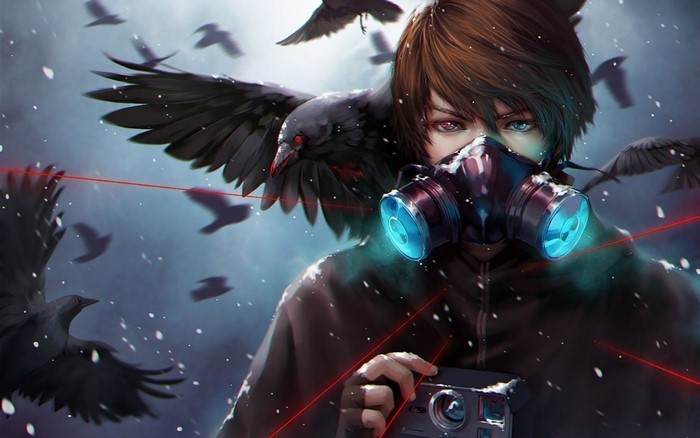 Anime character with gas mask and crows