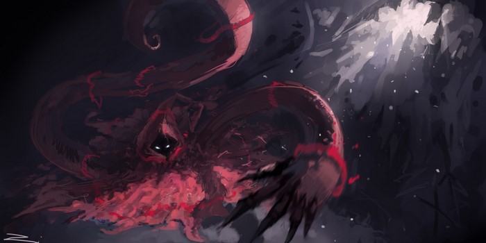 Dark fantasy illustration of a hooded figure with red tendrils