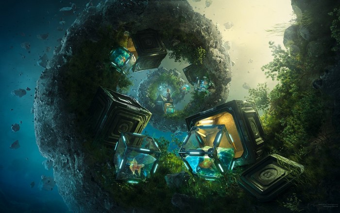 Floating islands with futuristic aquariums and fish