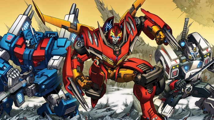 Transformers characters in a comic book style artwork