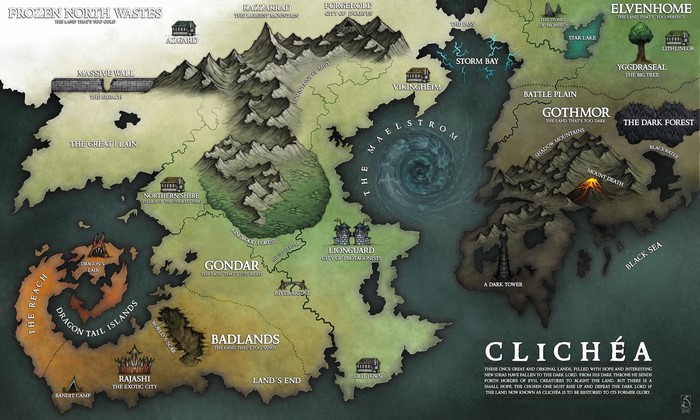 Fantasy Map of Clichéa with Frozen North Wastes and Dragon Tail Islands