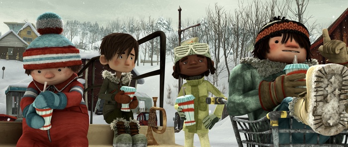 Children in winter clothes drinking from cups