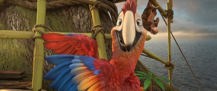 Macaw and Pangolin on a Bamboo Structure