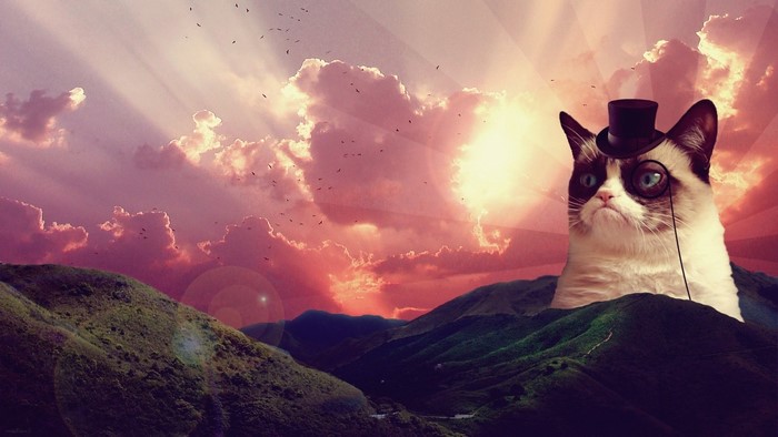 Grumpy Cat with Top Hat and Monocle Over Mountains at Sunset