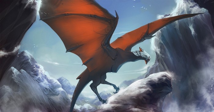 Fantasy art of a dragon flying through mountains