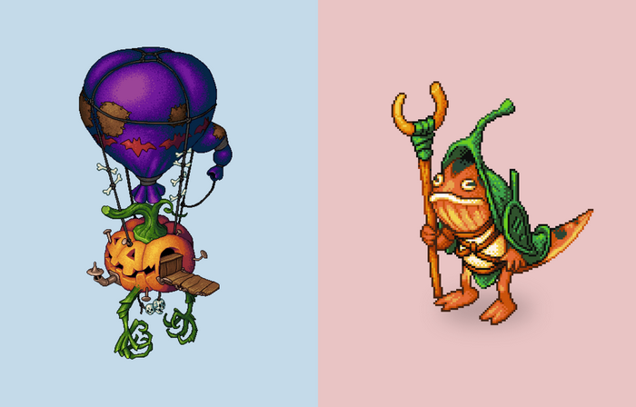 Halloween pumpkin hot air balloon and frog character
