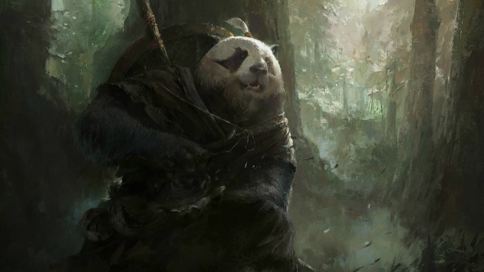 Panda warrior in a dark forest
