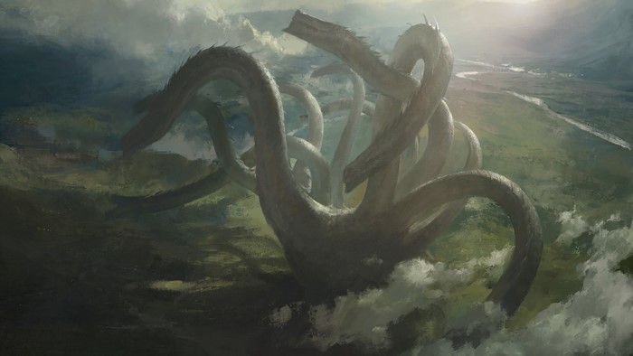Fantasy art of a hydra in stormy waters