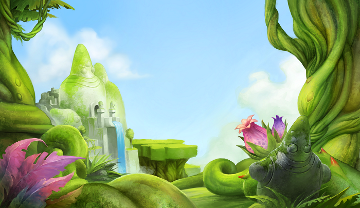 Fantasy jungle with ancient ruins and a stone statue
