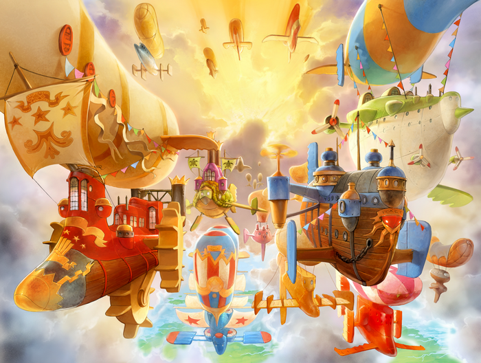 Fantasy airships and planes in a sky city