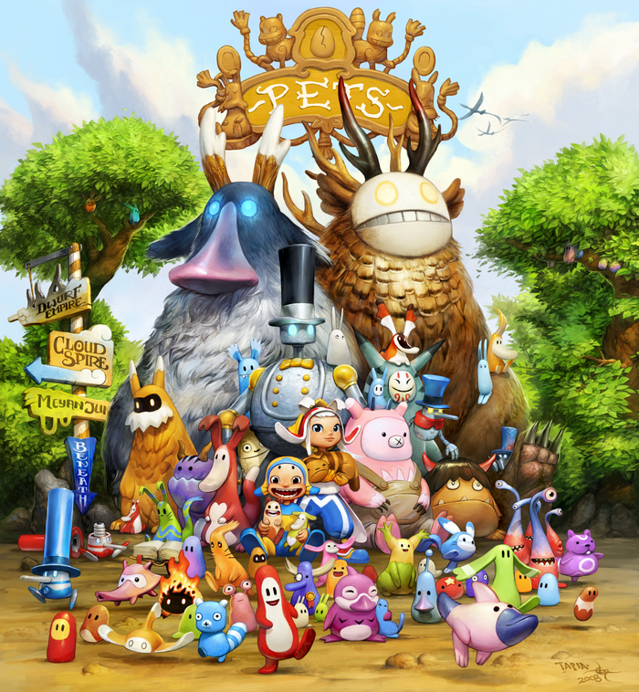 Fantasy creatures and characters in a park setting