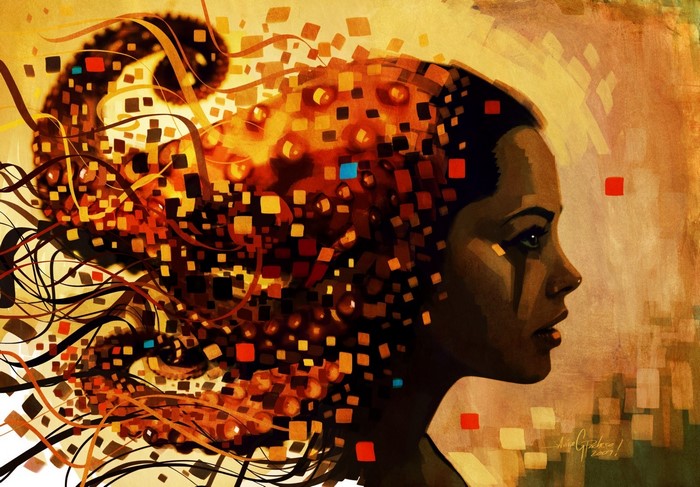 Painting of a woman with pixelated hair
