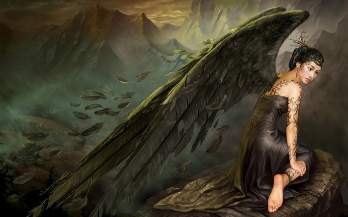 Fantasy art of an angel with dark wings