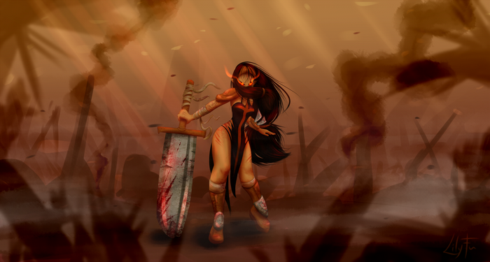 Fantasy warrior with a bloody sword in a smoky battlefield
